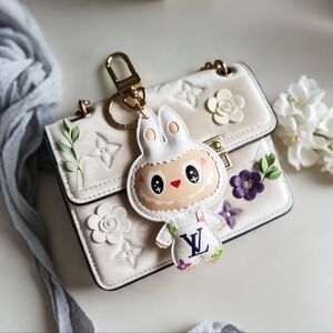 Premium Real Leather White Labubu Keychain POP MART Luxury Collectible